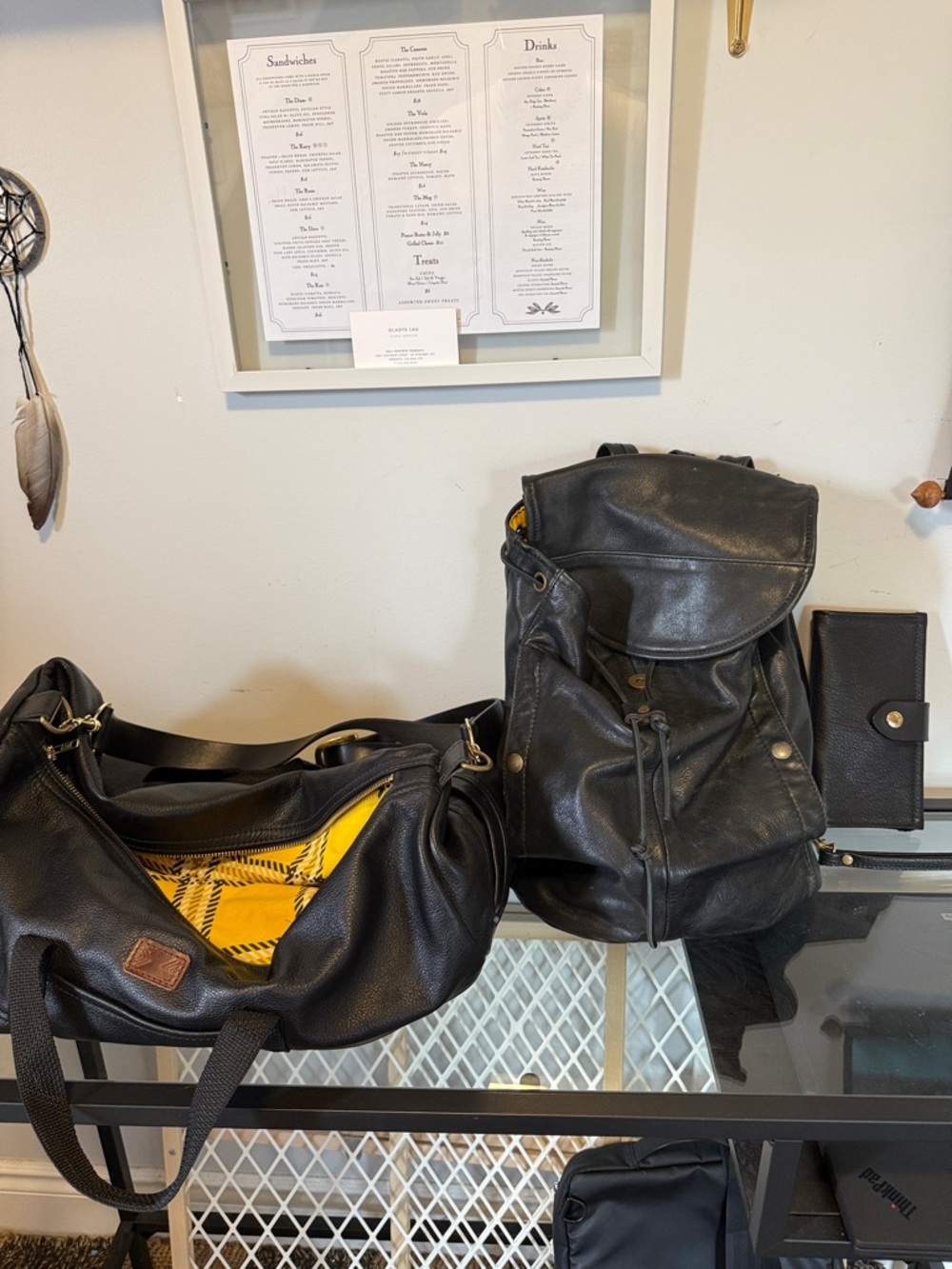 CobShop Black Leather Backpack with Yellow Lining -